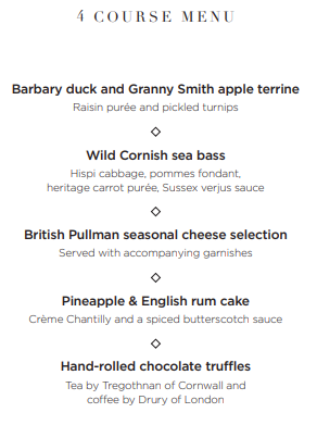 British Pullman Menus 4 course menu Luxury Train Club