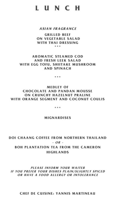 Eastern and Oriental Express Example Lunch Menu