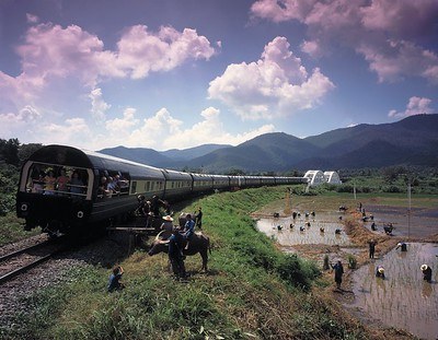 Eastern and Orient Express Train traveling over bridge