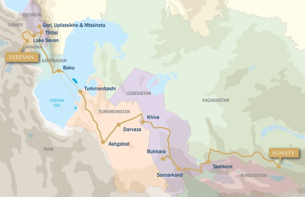 Golden Eagle Caspian Odyssey map Yerevan to Almaty 